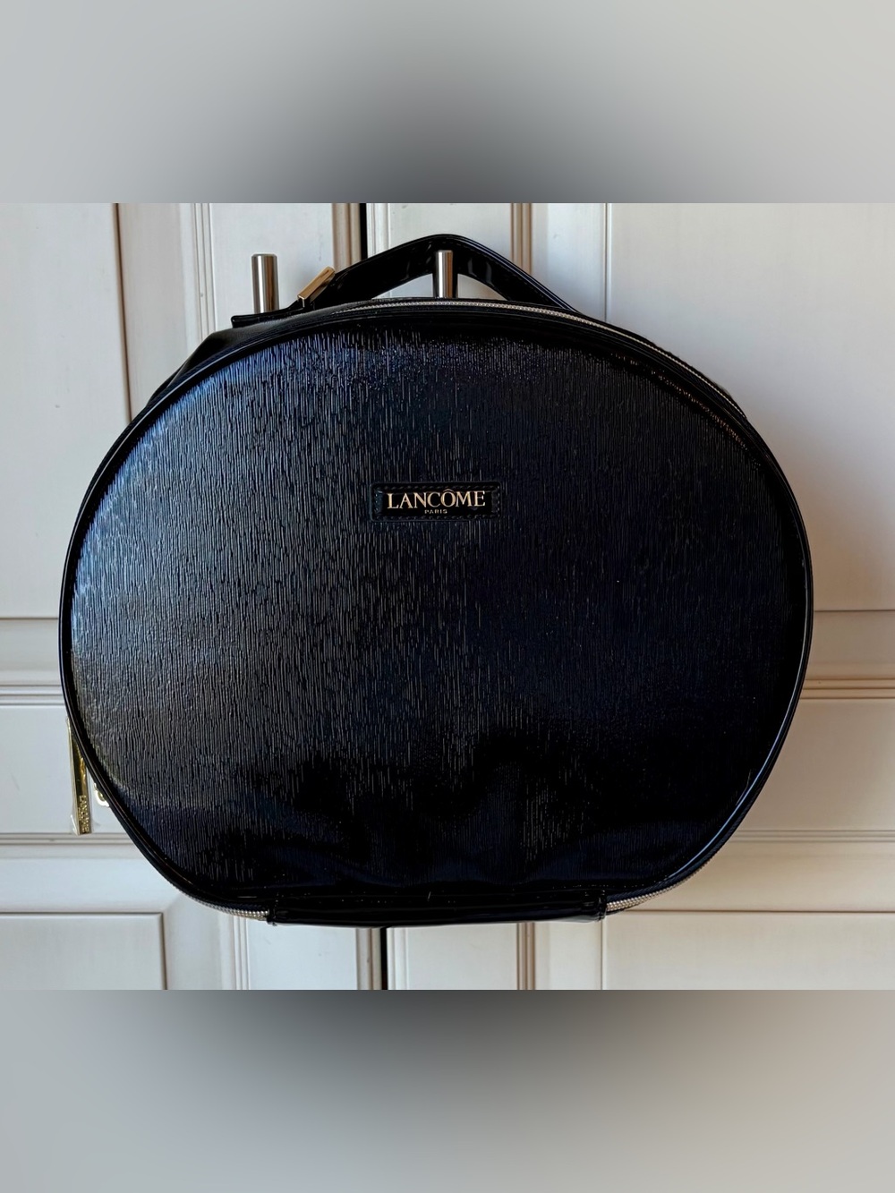 🍊 Lancôme Black Round Vanity Cosmetic Case with Gold Logo. Large size.